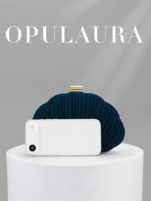 OpulAura 女款優雅/靜奢風百褶緞面方盒手拿包，浪漫婚禮晚宴包，迷人/精緻正式禮服包，極簡杏色方盒手拿包附鏈條，適合作為節日禮物 - 藏蓝色 - 查看 5