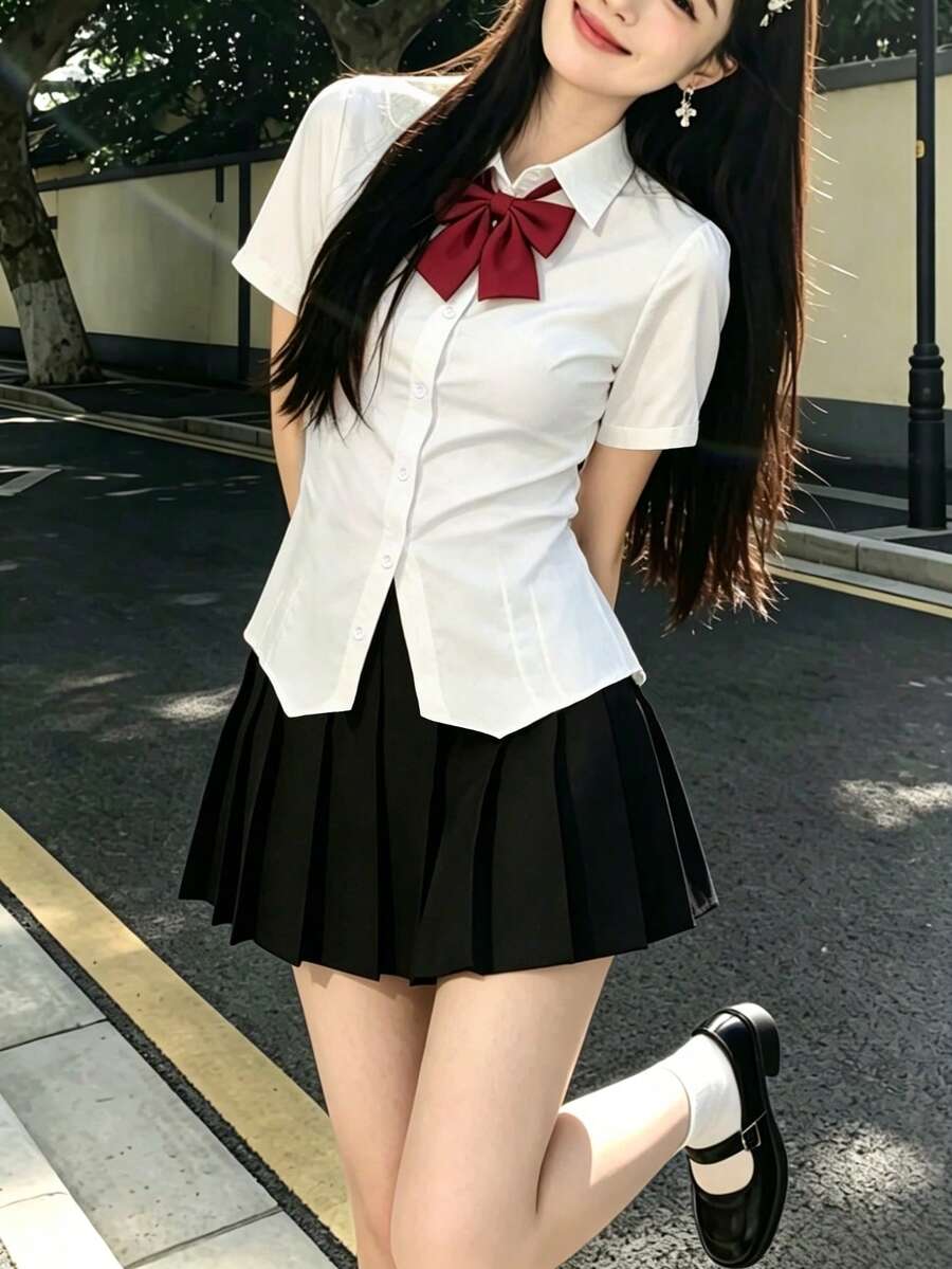 1件女款經典校園JK套裝,短袖白色上衣搭配黑色領結裙,學院風女式套裝,日系校園角色扮演風格,秋季 - 黑色 - 查看 1
