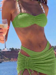 Bikinx 3件組女款度假時尚純色性感紋理泳衣，附抽繩裙，夏季款 - 綠色 - 查看 3