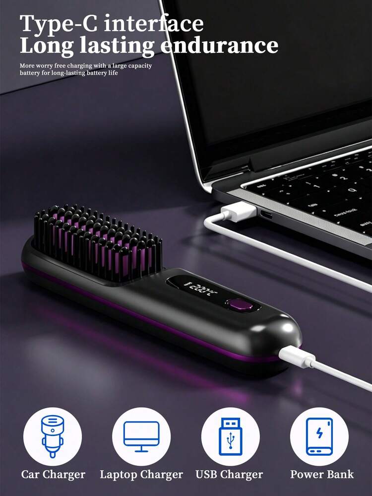 SKYWORTH Portable Wireless Hair Straightener Brush - Fast Heating And Anti-Scald Design, 3 Adjustable Temperature Settings With LED Display, 2000mAh USB Rechargeable Women's Travel Styling Tool - Multicolor - View 10