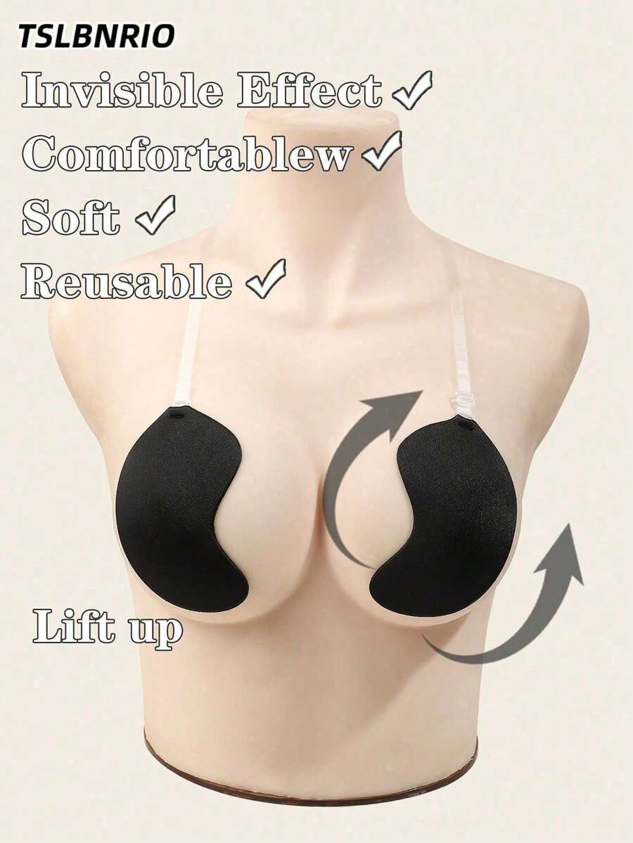 1pc Mango Shaped Silicone Push-Up Invisible Bra, With Detachable Transparent Halter Strap, Soft And Reusable, Strong Breast Support, Suitable For Wedding Dress, Low-Cut Tops, Beach Vacation And Formal Occasions - Black - View 1