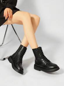 Women's Lace-Up Side Zipper Boots, Thick Sole Motorcycle Boots, Flat Mid-Calf Boots - Black - View 6