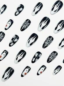 Halloween Nail 24pcs Medium Long Almond Nail, Black And White French Nail, Flame, Skull, Heart-Shaped Spider Web, Pumpkin Pattern Fake Nail, Gothic Style Press Nail Set, Suitable For Women's Daily, Holiday, Party, And Dance Occasions Nail Supplies. - Multicolor - View 2