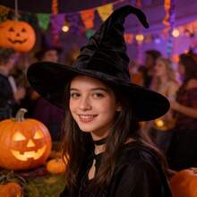 1pc Halloween Witch Hat, Velvet Pleated Wizard Hat, Party Cosplay Prop, Witch Hat, Back To School, First Day Of School - Multicolor - View 6
