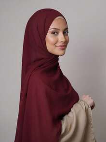 1pc Spring/Summer Casual Versatile Modest Minimalist Solid Color Soft Breathable Chiffon Hijab Scarf - Burgundy - View 3