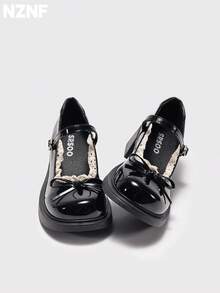 NZNF Sepatu PU Wanita Warna Polos Gaya Akademi dengan Tali Gesper, Sol Tebal dan Hak Tebal, Sepatu untuk Perjalanan Sehari-hari - Hitam - View 2