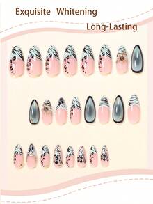 24 buah Stiker Kuku Rhinestone 3D Berbentuk Almond dengan Motif Bunga & Leopard, Set Kuku Palsu French Manicure Elegan dengan Penutup Penuh dan 1 Kikir Kuku, Cocok untuk Pesta Musim Panas, Kantor, dan Pemakaian Sehari-hari, Warna Gel Jelly Acak - MultiWarna - View 2