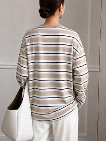 Khaki White Navy Blue Striped All-Over Print Loose Long Sleeve T-Shirt, Minimalist Old Money Style Commuter Layering Basic Top - Apricot - View 4