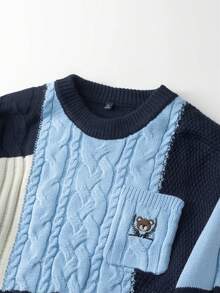 Men's Colorblock Chunky Knit Crew Neck Pocket Bear Embroidered Loose Casual Pullover Sweater - Navy Blue - View 4