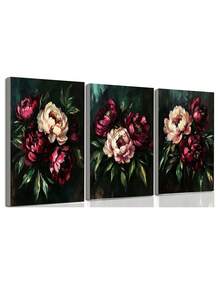 3pcs Vintage Melancholy Floral Wall Art, Dark Botanical Peony Art, Dark Academia Floral Wall Decor, Pink Peony Print, Soft Pink Floral Painting, Abstract Floral Poster, Personalized Home Decor Canvas Poster, Christmas Decoration, Christmas Gift, Framed/Unframed - Flower - View 18
