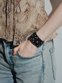 Noxbound 1pc Rhinestone Embellished Wide Retro Western Wasteland Biker Leather Cuff Bracelet - Bracelet - View 3