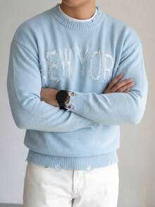 1pc Boys' Korean Style Distressed Tassel Letter Crew Neck Sweater, Spring/Autumn/Winter - Baby Blue - View 6