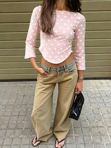 Women Summer Bell 3/4 Sleeve Crop Top Boat Neck Solid Color Slim Fit Basic T Shirts Y2K Party Top For Spring Fall - 淺粉色 - 查看 4