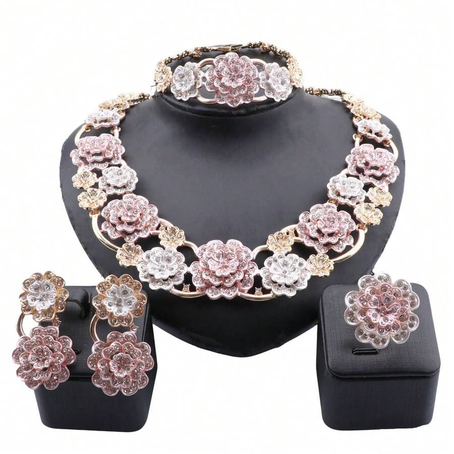 Luxury Two-Tone Floral Rhinestone Jewelry Set, Pink Flower Necklace Bracelet Earrings Ring Bridal Formal Outfit Matching Set