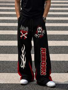Zrgoth Men's Punk Skull Flame Print Wide Leg Drawstring Sweatpants, Black Loose Drape Sweatpants With Red Side Stripes And Multiple Skull Flame Number Prints, Casual Wear - Black - View 1