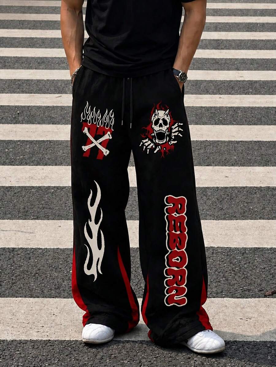 Zrgoth Men's Punk Skull Flame Print Wide Leg Drawstring Sweatpants, Black Loose Drape Sweatpants With Red Side Stripes And Multiple Skull Flame Number Prints, Casual Wear - Black - View 1