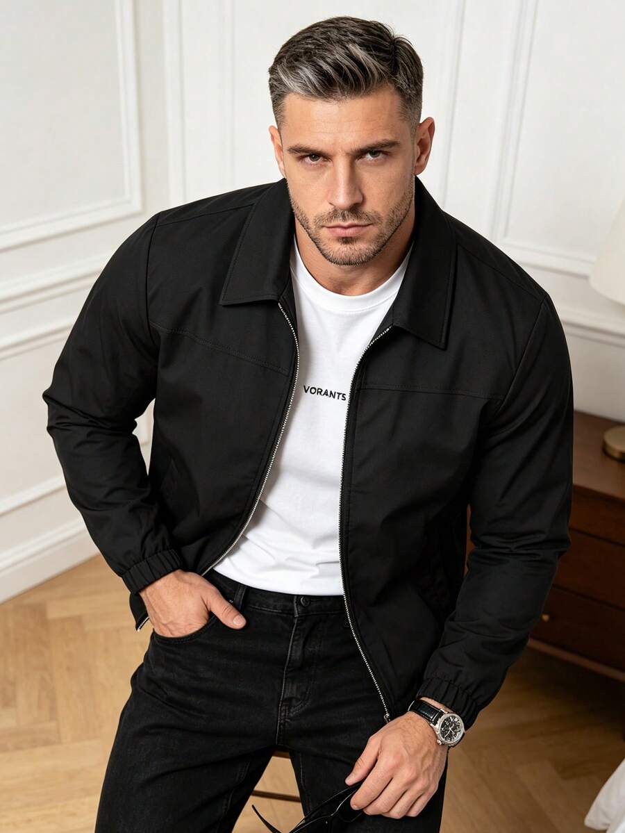 Men's Spring/Autumn Fashion Casual Jacket, Minimalist Versatile Lapel Collar Outerwear - Black - View 1