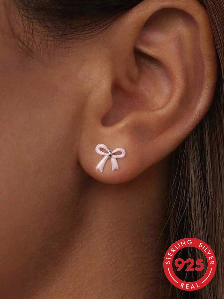 1 Pair S925 Sterling Silver Cute Sweet Ins Girl Style Bow Stud Earrings, Minimalist Gentle Fresh Personalized Exquisite Fashion Matching Earrings, Sweet Girl Casual Wear, Daily Versatile Elegant Gift - Bow - View 1
