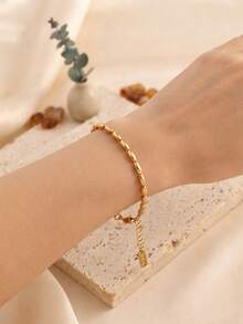 Gold Elegant Rice Bead Stainless Steel Bracelet, Exquisite And Elegant, Perfect For Dates, Daily Wear And Gatherings - Gold - View 2