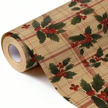 1pc Vintage Holly Berry & Red Plaid Christmas Wrapping Paper Roll, Kraft Paper Gift Wrapping Paper, Rustic Style Christmas Wrapping Paper, Farmhouse Decor, For Gift Wrapping (17in X 197in) - Christmas Wrapping Paper - View 3