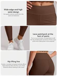 Sodalemon Women's Elastic Waist Yoga Leggings, Contrast Color Lace Solid Color Fitness Bottoms, Running Workout Pants - Brown - View 4