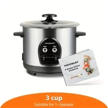 Moosum 3杯電飯煲，一鍵操作，適合亞洲日式壽司，陶瓷內鍋，可拆卸鍋蓋，自動保溫，銀色 - 查看 6