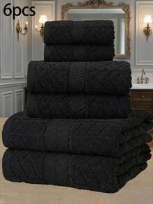 QIBHI Conjunto de 6 Toalhas Macias 100% Algodão, Inclui 2 Toalhas de Banho 82x150 cm, 2 Toalhas de Rosto 34x75 cm e 2 Toalhas de Mão 50x90 cm, Tecido de Toalha Absorvente com Riscas para Banho e Beleza - Preto - Ver 1