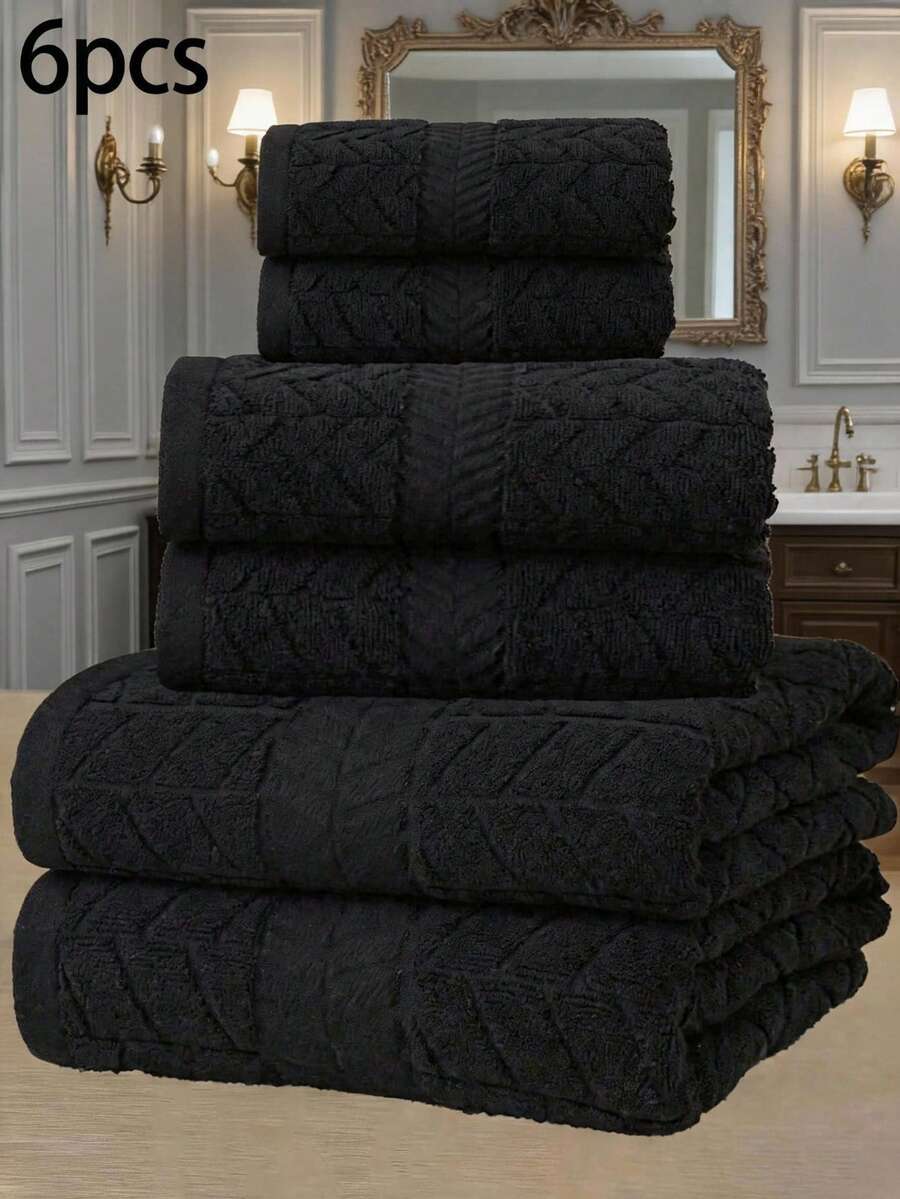 QIBHI Conjunto de 6 Toalhas Macias 100% Algodão, Inclui 2 Toalhas de Banho 82x150 cm, 2 Toalhas de Rosto 34x75 cm e 2 Toalhas de Mão 50x90 cm, Tecido de Toalha Absorvente com Riscas para Banho e Beleza - Preto - Ver 1