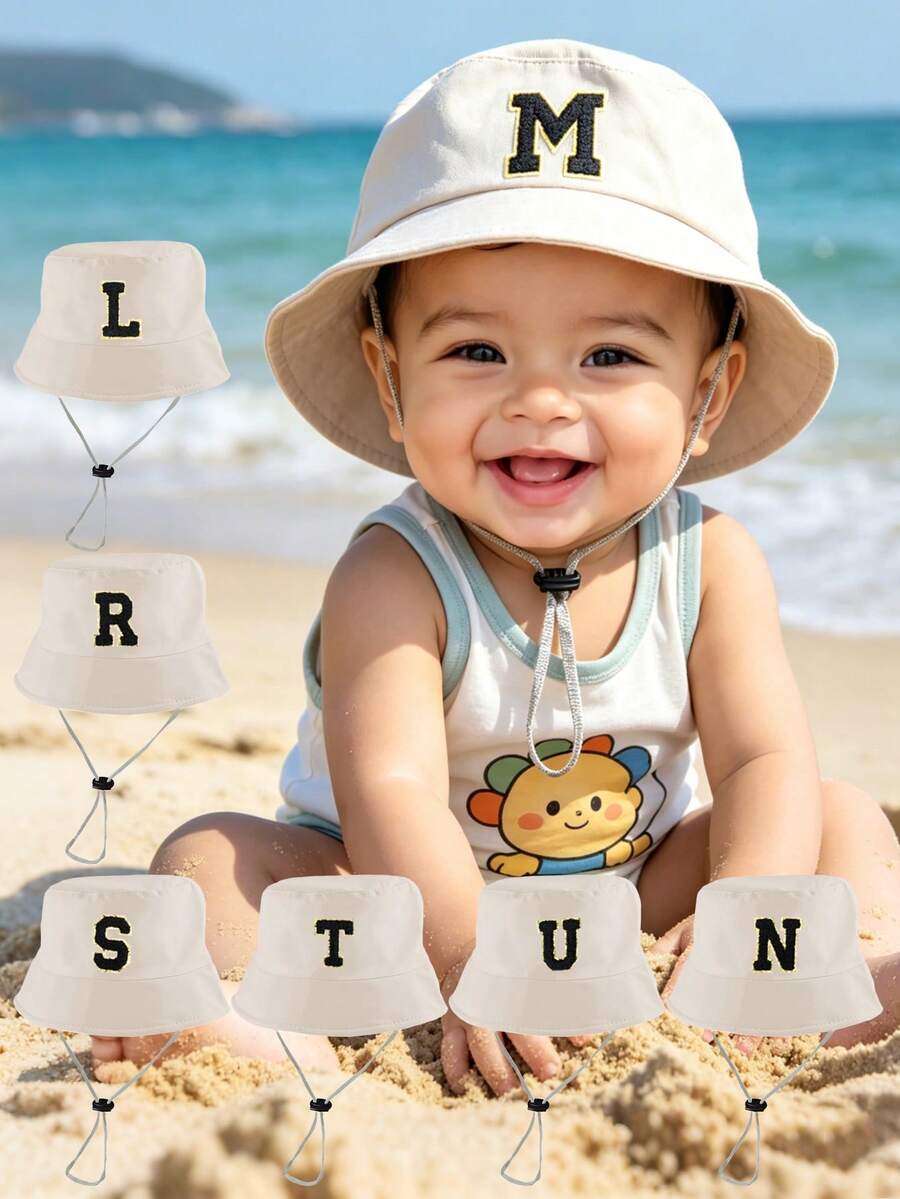 1 PC Toddlers Baby Bucket Hat Cap A-Z Letter Bucket Hat Kids Long String Bucket Hat, Adjustable Casual Hat Suitable For Boys Girls Travel Holiday - Beige - View 1