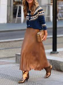 Autumn/Winter Fashion Casual Comfortable Warm Grey Geometric Fairisle Pattern Long Sleeve Crew Neck Button-Up Cardigan Fall - Navy Blue - View 7
