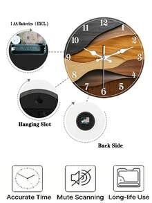 1pc 2D Wall Clock | Wooden Wave Pattern, Modern Minimalist Design, Suitable For Living Room, Bedroom, Office, Cafe, Restaurant Decor, Round Shape, Battery Not Included - A - View 5