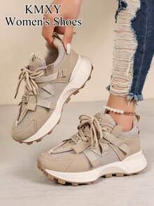 2026 New Women's Sports Shoes Thick Sole Chunky Heel Sneakers Spring/Summer Height Increasing Black & White Colorway Breathable Mesh Patchwork - Khaki - View 3