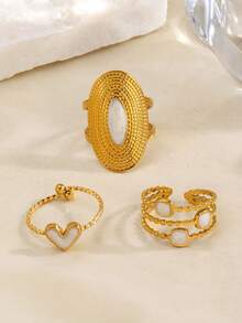3pcs Stainless Steel Minimalist White Enamel Geometric Rings, Suitable For Women's Daily And Party Wear - White - View 5