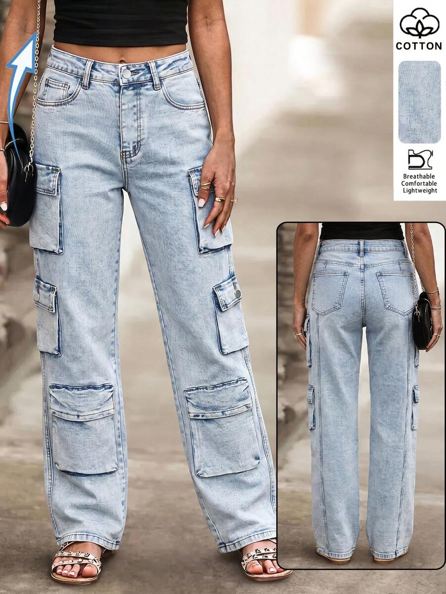 Celana Jeans Denim Wanita Kasual untuk Sehari-hari, Bepergian, dan Serbaguna dengan Saku dan Kancing - Biru muda - View 1