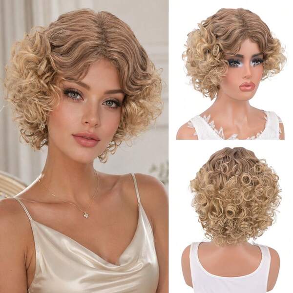 Joyluck Ombre Honey Blonde Short Curly Pixie Wig Heat Resistant Synthetic Fluffy Small Curly Full Hair Wig Natural Middle Part Wigs For Women Daily Party