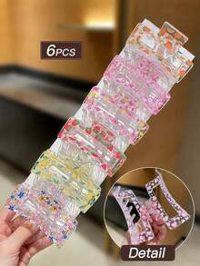 6pcs Women's Colorful Square Hair Clips With Fruit, Flower, Butterfly Print Elements. Sweet And Cute Style, Large Claw Clips, Summer Vacation Accessories, Women's Hair Accessories. Suitable For Daily Casual Outings. Summer Accessory Set, Hair Accessories, Women's Accessories, Back To School Hair Accessories, Beach Accessories. Elegant Claw Clips. - View 8