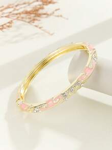 1pc Fashion New Gold-Plated Exquisite Rhinestone Swirl Enamel Filigree Hinged Open Bangle Bracelet, Jewelry Gift For Girls And Women - Pink - View 3
