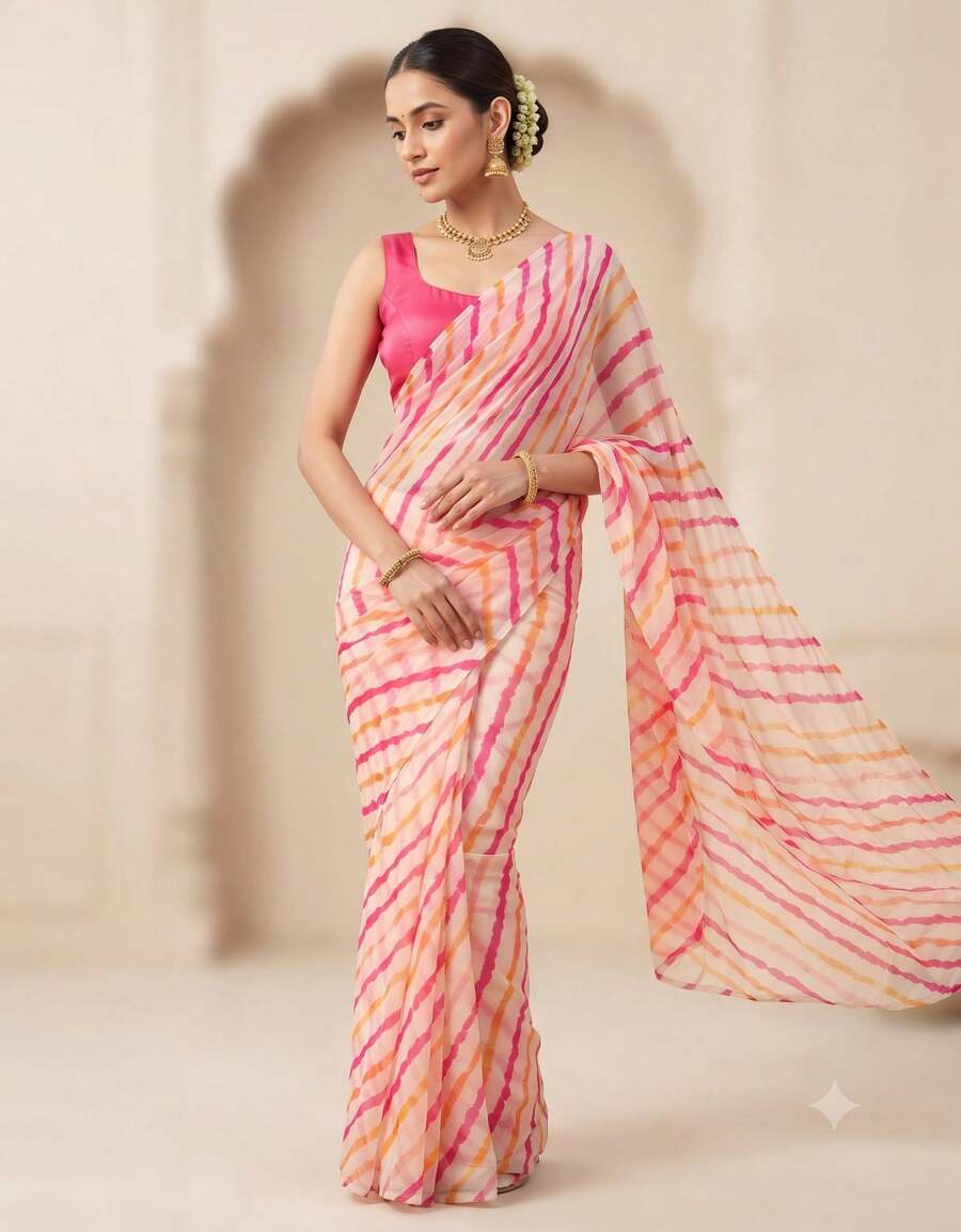 Estationeryhouse Chiffon Saree With Coloured Stripes With Unstitched Blouse - Hot Pink - View 1