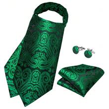 Black Base Emerald Green Vintage Paisley Ascot Cravat 3Pcs Package,Mens Holiday Gala Suit Hanky Cufflink Set - Green - View 1