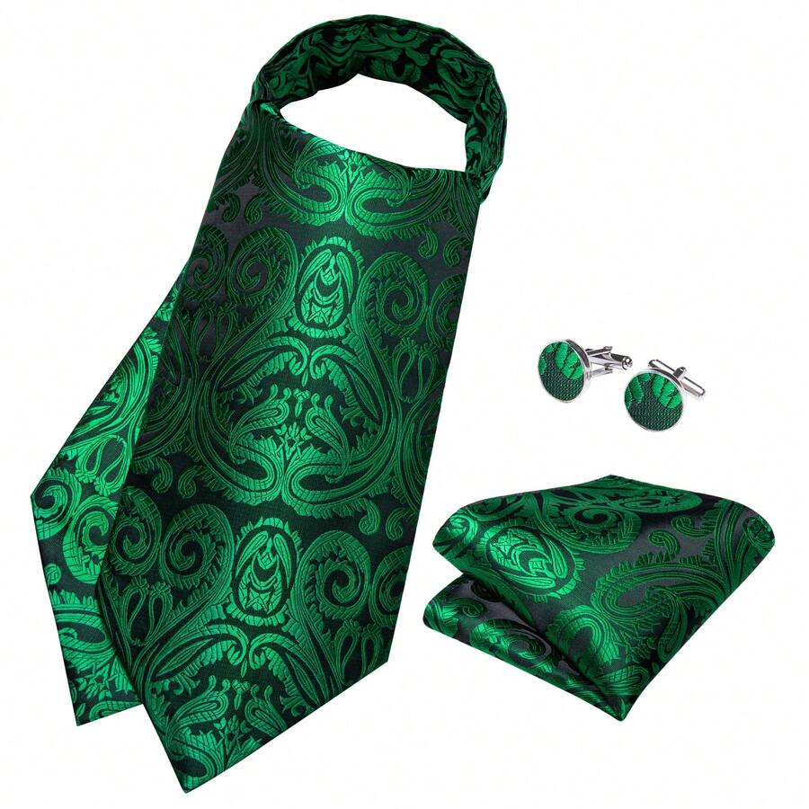 Black Base Emerald Green Vintage Paisley Ascot Cravat 3Pcs Package,Mens Holiday Gala Suit Hanky Cufflink Set - Green - View 1