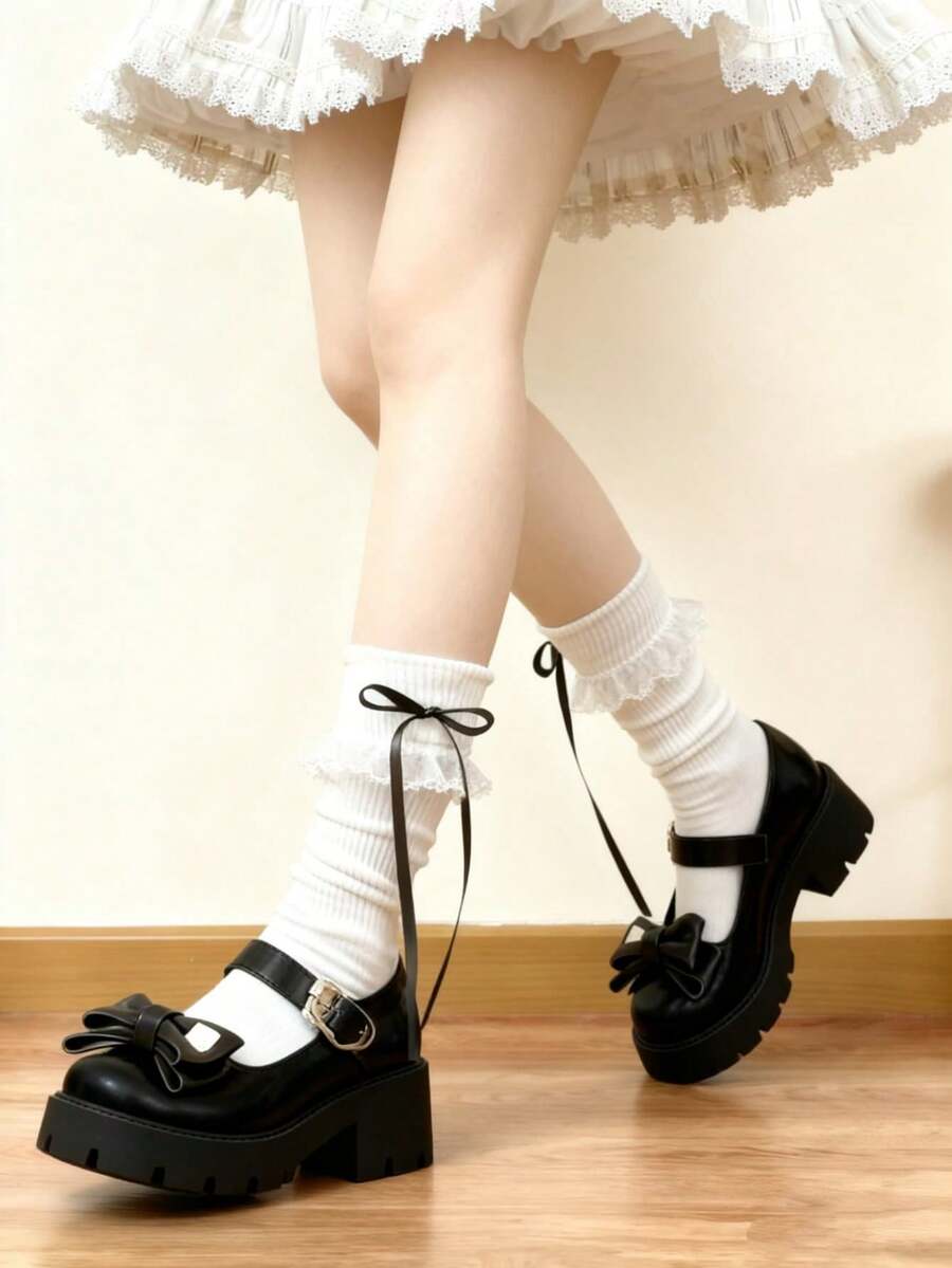1/3 Pasang Kaos Kaki Anak Perempuan Manis Model Pita Renda Baru Sepanjang Musim, Panjang Setengah Betis - MultiWarna - View 1