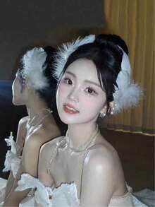2件裝白色人造羽毛天鵝髮夾，優雅垂墜女款髮飾，適合宴會、約會、萬聖節派對 - 彩色 - 查看 1