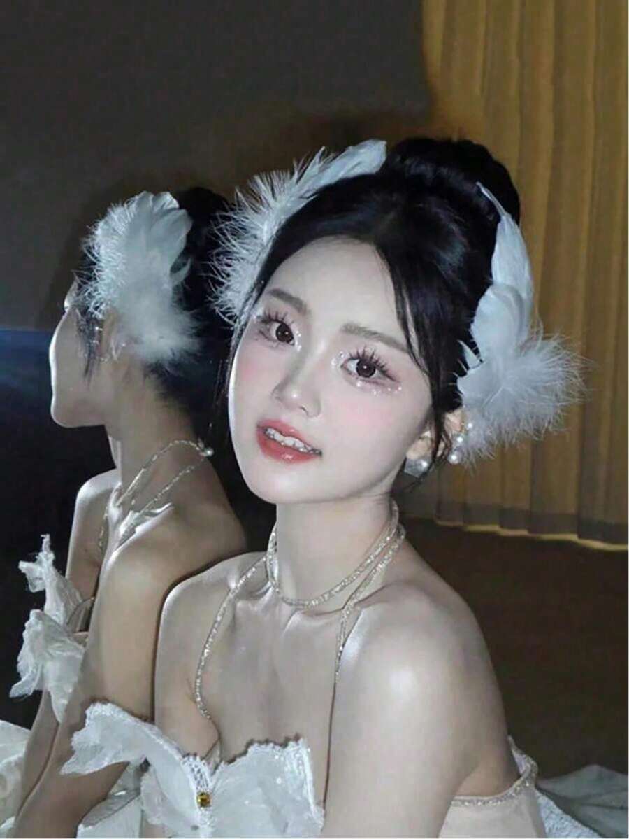 2件裝白色人造羽毛天鵝髮夾,優雅垂墜女款髮飾,適合宴會、約會、萬聖節派對 - 彩色 - 查看 1