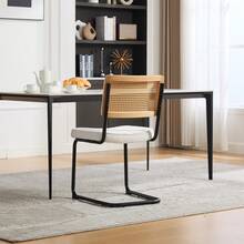 Retro-Style Rattan Dining Chair Set (2 Pieces) / Rattan Backrest Dining Chair / Chenille Seat Cushion / With Black Metal Frame / Suitable For Kitchen, Living Room And Bedroom - Ivory - View 6