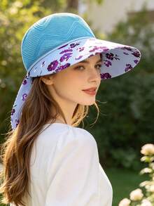 1pc Floral Ribbon Open Top Sun Hat For Women, Summer Hollow Wide Brim Sun Protection Hat, Ponytail Tie, Beach Vacation Sun Hat - Floral Print - View 2