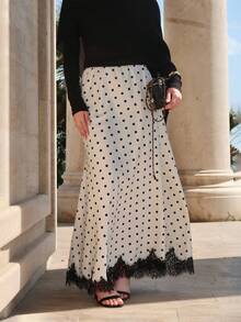 Women's Spring/Summer New Minimalist Elegant Lady Commute Lace Contrast Color Polka Dot Print Skirt - Black - View 4