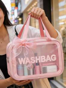 1PC Cute Bow Travel Makeup Bag Clear Cosmetic Organizer Waterproof Large Capacity Portable Toiletry Bag For Women Gift - Pink - View 5