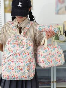 3件組尼龍花卉印花背包套裝，可折疊多口袋大容量拉鍊背包，適合青少年與高中生 - 彩色 - 查看 6