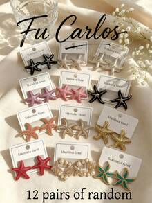 2/6/12 Pairs Stainless Steel Earrings Set - Asymmetric Starfish Beach Vacation Earrings (Valentine's Day Gift, Random Mix) - Multicolor - View 11