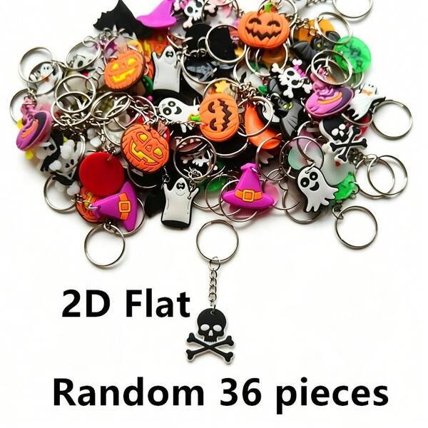 36pcs Random Halloween Keychain Party Gift Bag 2D Flat PVC Halloween Shaped Pendants Classic And Practical Design Decorative Items Perfect Party Gift Bag Fillers Charming Small Gift Keychains